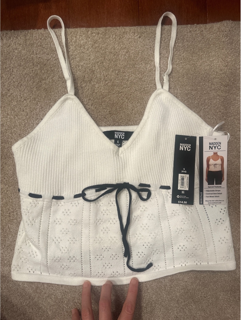 (6)Madden NYC Women's White Adjustable Strap Tank Top with Bow Detail Size L